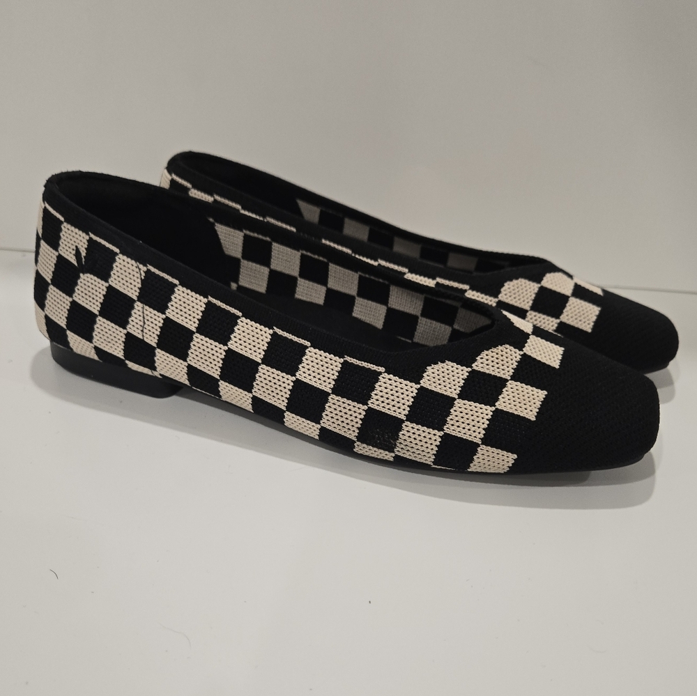 Vivaia Margot Square-Toe Flats | Checkered Black & Cream | Size 38.5